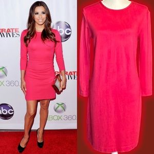 Ann Taylor Hot Pink Ponte 3/4 Sleeve Back Zip Sheath Dress Sz 6 ASO Eva Longoria